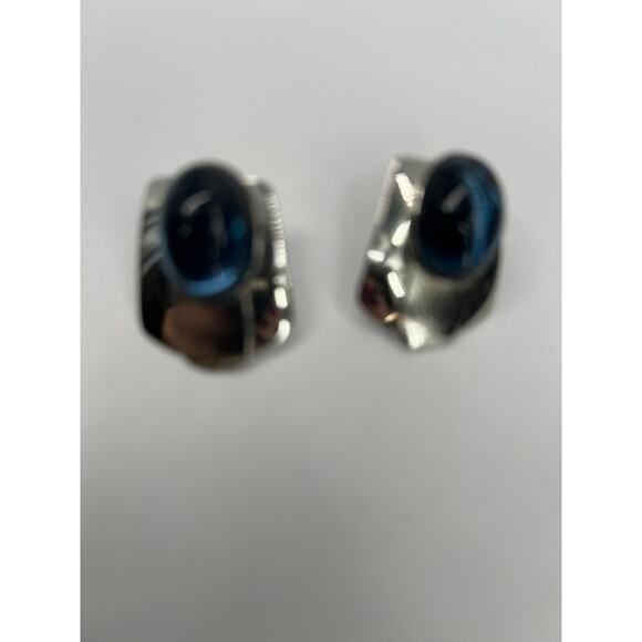 pair of sterling silver earrings oval blue cabochon gemstones Stud Post Pierced - Picture 4 of 7